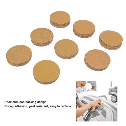 Top Tier 3 Inch Gold Aluminum Oxide Hook And Loop Sanding Discs With Hook Back For Orbital Sanders Smooth Woodwork Auto Body Metal Wall Finishing Pack Of One Hundred Sheets Durable Heavy Duty Abrasive Tool stacked in a circle.