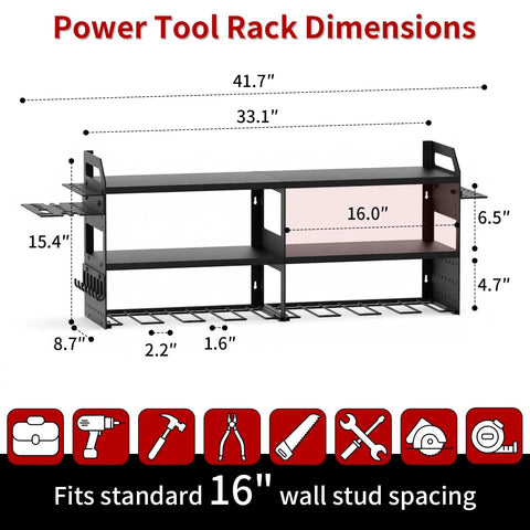 Dimensions and features of the Power Tool Organizer Wall Mount With Pegboard Seven Drill Holders Heavy Duty Metal Garage Storage Rack For Cordless Tools Easy Install Great For Workshop And Garage Organization