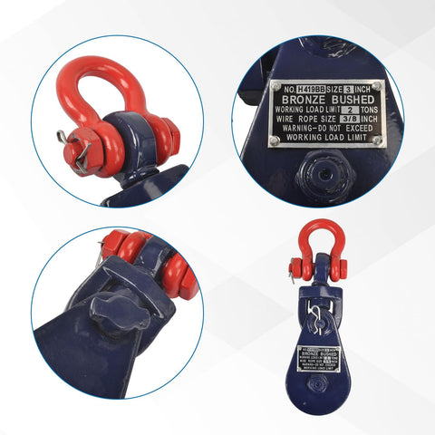 2 Ton Snatch Block With 2 Ft G70 Chain For Flatbed Tow And Recovery, close-up of red hook and product details plaque