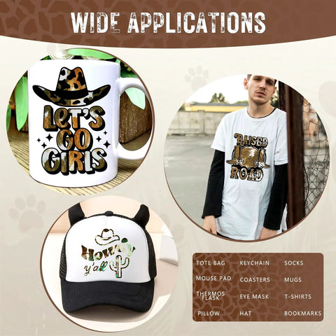 Cow Print Sublimation Transfer Paper Pack For DIY Crafters, 10 Sheets 12x10 Inches on mug, t-shirt, and hat with designs.