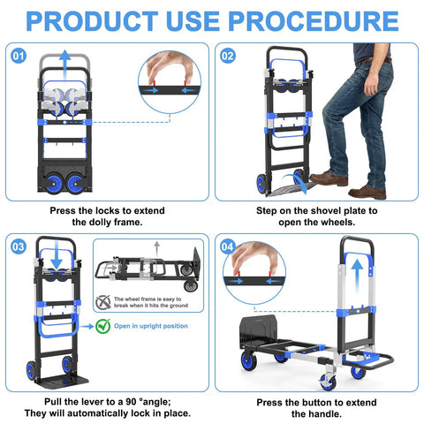 3 In 1 Folding Hand Truck With 500lbs Capacity, Convertible Dolly Cart on Wheels, step-by-step usage instructions, blue