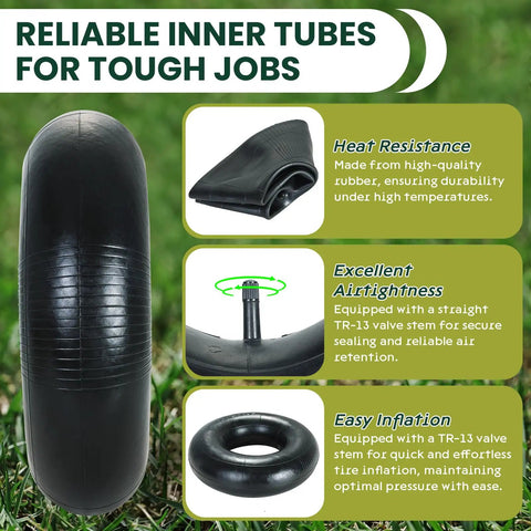 2 Pack 15x6.00-6 Inner Tubes Heavy Duty Replacement For Lawn Mowers Yard Tractors Wheelbarrows Snow Blowers ATVs Go Karts And Golf Carts With TR-13 Valve Stem, showing tire features and benefits.