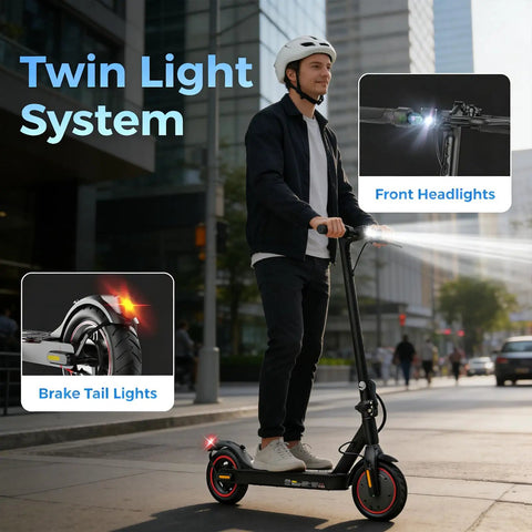 Powerful Electric Scooter For Adults With 500W Peak Motor, 18 MPH Top Speed, dual lights, city ride, Black Red