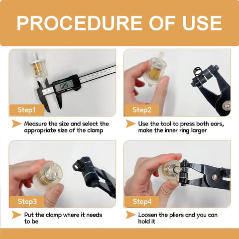 Procedure steps of using 140 Piece Spring Band Hose Clamp Set 6 To 25Mm in 14 Sizes with pliers on white background