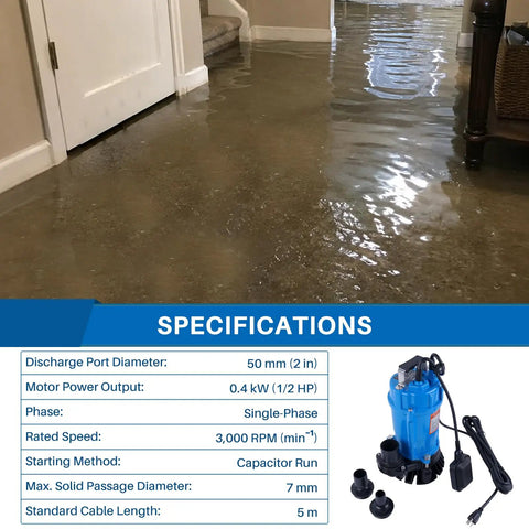 Built Tough 2 Inch Submersible Trash Pump Float Switch Replacement Compatible With Tsurumi Hsz24s Hsz24s62 in flooded area, showcasing specifications.
