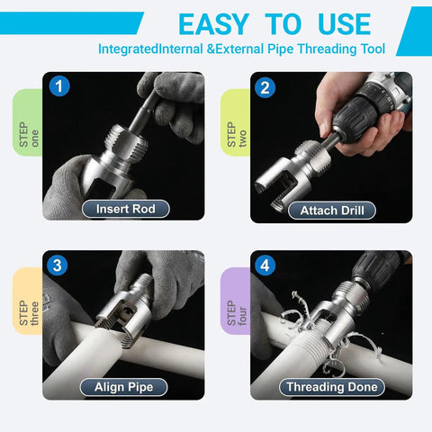 Step-by-step guide using Heavy Duty 1/2 Inch Pvc Pipe Threader Tool for internal and external threading with electric drill.