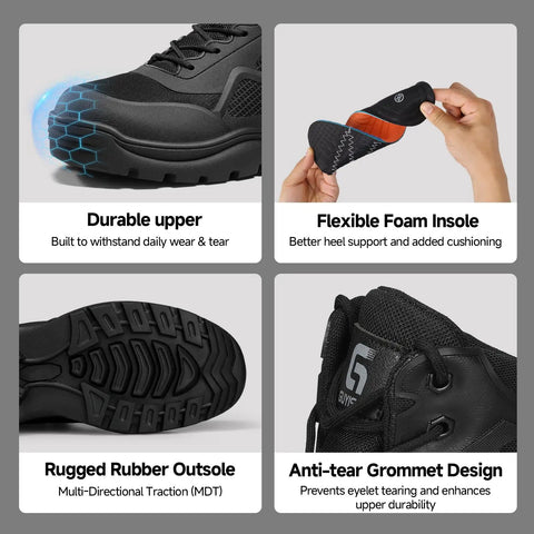 Steel Toe Work Boots For Men Built Tough For The Jobsite With All Day Breathable Comfort And Anti Smash Protection Puncture Resistant Heavy Duty Footwear For Warehouse And Industrial Tasks featuring durable upper, flexible foam insole, rugged rubber outsole, and anti-tear grommet design.