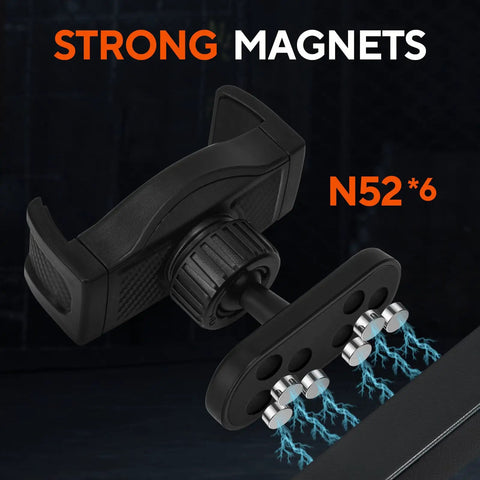 Magnetic Gym Phone Holder With 360 Degree Adjustable Base showing six strong N52 magnets for secure mount on metal gym equipment.