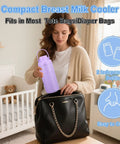 Portable Breast Milk Cooler 12oz With Two Bottles 30 Hours Cold Storage Leakproof Insulated Chiller being placed in a black diaper bag.