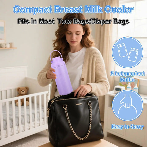 Portable Breast Milk Cooler 12oz With Two Bottles 30 Hours Cold Storage Leakproof Insulated Chiller being placed in a black diaper bag.