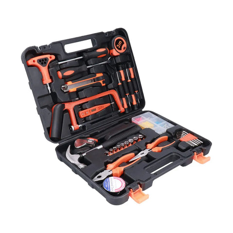 Open ABS case showing 45 Piece Pro Grade Home Repair Tool Kit with hex wrenches, ratchet screwdrivers, pliers, and more for DIY.