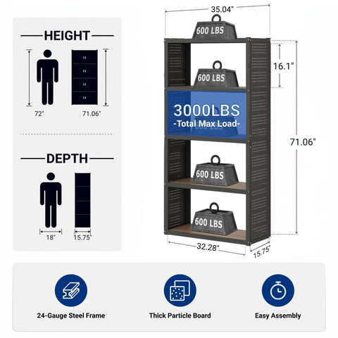 Heavy Duty Five Tier Storage Shelves With Sturdy Built In Pegboard Backing And A Serious Heavy Hitter Garage Shelving System dimensions, showing height, depth, and load capacity.