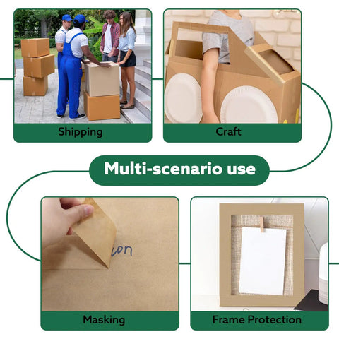 Collage showing 6 Rolls Brown Packing Tape Bulk Pack 2 Inch By 55 Yards Kraft Paper Shipping Tape used in various scenarios
