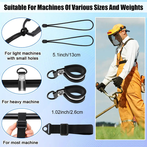Two Pack Black Comfort Padded Double Shoulder Strap Belt for Garden Tools Trimmers Brush Cutters Lawn Mowers Leaf Blowers with Long Non Slip Trimmer Strap Made from Nylon and Oxford Cloth shown with various attachments in use outdoors