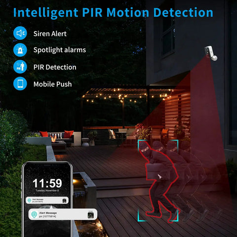Wireless Outdoor Security Cameras Two Pack 3MP Battery Powered AI Motion Detection Spotlight Siren Alarm Home Surveillance shown with motion alert example