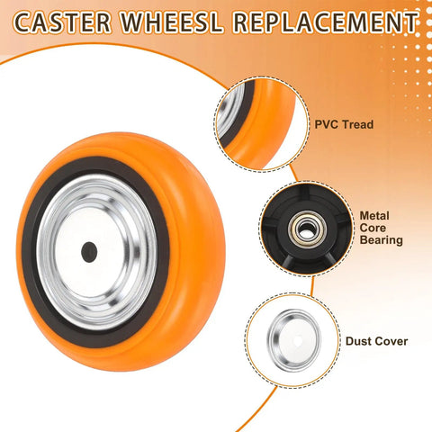Heavy Duty 6 Inch Caster Wheels Replacement Kit featuring smooth rolling swivel action with orange PVC tread and metal core.