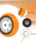 Built Like A Tank Six Inch Industrial Caster Wheels With Heavy Duty Replacement Rollers Smooth Rolling Action And Five Eighth Inch Bore Size detailed image of orange PVC wheel with metal core and dust cover.