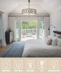 Go To Farmhouse Drum Pendant Light 3 Light Chandelier 18 Inch in a bright bedroom with white walls and blue rug.