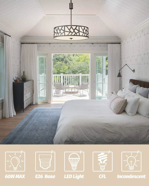 Go To Farmhouse Drum Pendant Light 3 Light Chandelier 18 Inch in a bright bedroom with white walls and blue rug.