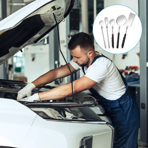 Mechanic using a Five Piece Telescoping Inspection Mirror Set With Retractable Handles And 360 Degree Rotating Mirror Heads on a car engine