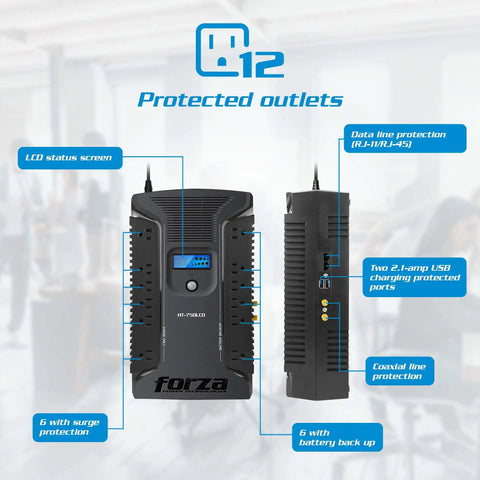 Line Interactive UPS 750VA 450W With 12 Outlets, AVR, LCD Display, USB Charging, Coaxial Port, 120V, Quiet, Reliable Power Backup For Home And Office, Protects Devices And Data, 3 Year Warranty