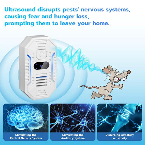 Plug In Ultrasonic Pest Repeller 4 Pack Indoor Multi Frequency Rodent And Insect Deterrent showing sound waves deterring mouse