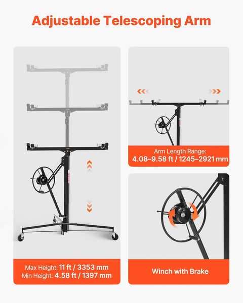 Adjustable telescoping arm of VEVOR 11ft Drywall Lift Heavy Duty 150 Lbs Sheetrock Hoist with winch and height range.