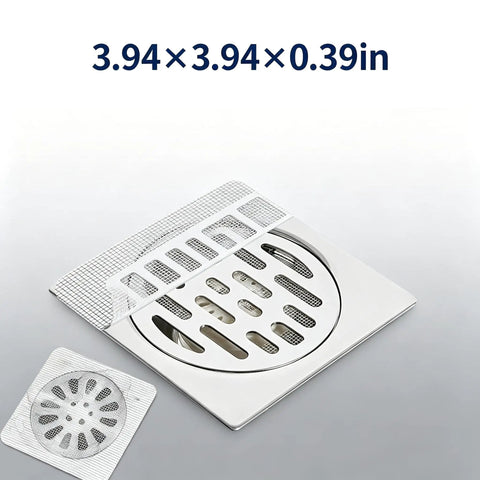 50 Pcs Disposable Shower Drain Hair Catcher 3.94" ES Square Drain shown with grid design for effective hair trapping.