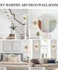 Mid Century Modern Crystal Glass Shade 2 Light Gold Brushed Brass Wall Sconces For Indoor Up Down Vanity Lights in various rooms