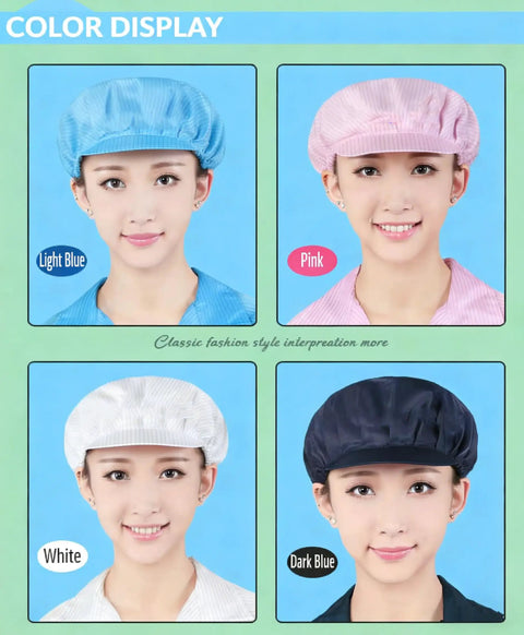 Legit 5 Pack Anti Static Mesh Work Hat With Solid Front Rim And Easy Stretch Band Pull On ESD Cap Unisex Style in light blue, pink, white, and dark blue.
