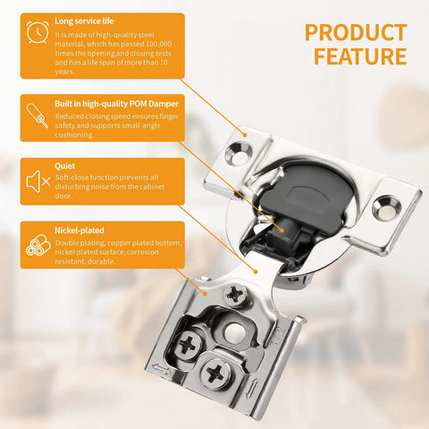 20 Pack Half Inch Overlay Concealed Hinges For Face Frame Cabinets, 3D Soft Close Self-Closing Stainless Steel Satin Nickel Hinges, Hidden 105 Degree Open, Includes Dowels And Screws with product features highlighted