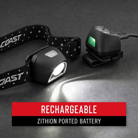 Rechargeable LED Headlamp with dual color white and red beam, USB charging, 435 lumen output, with power lockout feature