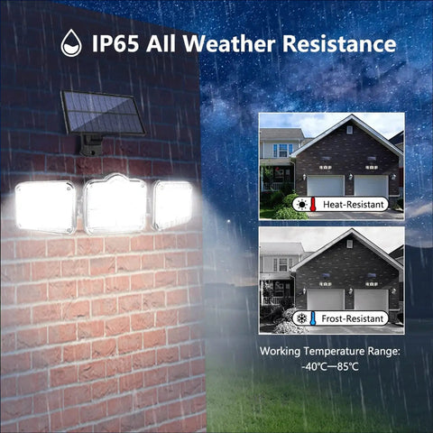 Heavy Hitter Solar Motion Sensor Light With Three Swivel Heads And Solid IP65 Water Resistant Build For Serious Yard Security On Your Driveway Patio Or Garage Wall in rain with heat and frost resistance displayed.