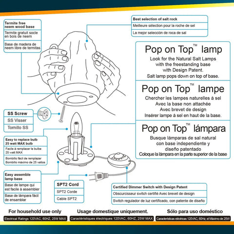 Diagram showing assembly of Crystal Salt Lamp Night Light 2 Pack with hand-curved bases and patented touch dimmer features.