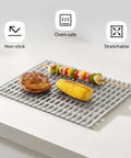 Foil Lux Disposable Grill Liners 19.7 By 12 Inch Nonstick Aluminum Grill Sheets with food display, showing oven-safe and stretchable features.