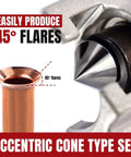 Close-up of Seven Die Flaring Tool Set for HVAC Tubing showing 45-degree flare on copper pipe with eccentric cone design.