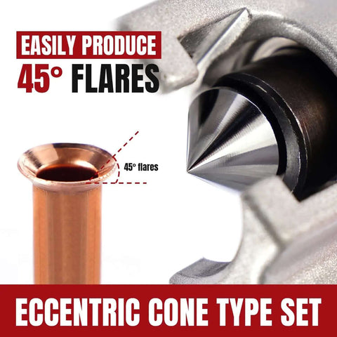 Close-up of Seven Die Flaring Tool Set for HVAC Tubing showing 45-degree flare on copper pipe with eccentric cone design.