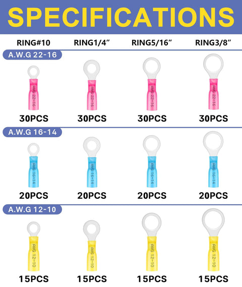 haisstronica 260pc heat shrink ring terminal set pink AWG22-16 30pcs×4 blue AWG16-14 20pcs×4 yellow AWG12-10 15pcs×4