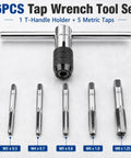Beefy 6-Piece Metric Tap Wrench Set With Adjustable T-Handle And 4-Jaw Chuck, Holds M3 To M8 Plug Taps For Threading Metal