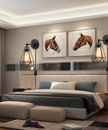 Bedroom with Plug In Wall Sconce Set With Wire Cage, Industrial Rustic Vintage Look, Adjustable Wall Light With On Off Switch, Perfect For Headboard Bedroom Or Porch, 2 Pack, mounted on headboard wall.