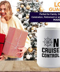White 15oz Coffee Mug For Boat Lovers On Cruise Control featuring helm design, with gift boxes and holiday decor in background.
