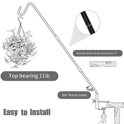 Hella Durable Expandable Deck Hook With A Two Inch Non Slip Railing Mount Super Long Twenty Five Or Thirty Six Inch Telescoping Pole Bracket holding flower basket and showing features.