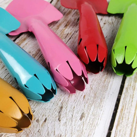 Close-up of colorful metal garden trowels set of 10 hand shovels for kids teens and adults in pink, red, blue, orange, and green.