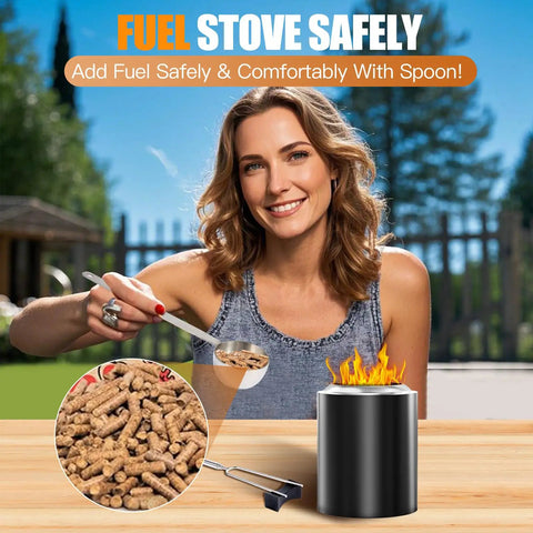 Woman using pellet scoop from Tabletop Fire Pit Accessory Kit For Mesa XL 7 Inch Lid With Pellet Scoop Marshmallow Sticks Stick Rests And Carry Case Perfect Outdoor Gathering Upgrade With Easy Setup And Fun Roasting