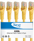Cat6 Ethernet Patch Cord Ten Foot Five Pack Snagless UTP 24 AWG Patch Cable For Patch Panel To Network Switch Data Center Office And Home Yellow 100 Percent Stranded Copper UL Listed No Fuss PoE Plus front view