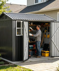 Man organizing tools in Heavy Duty Metal Storage Shed With Window, Lockable Garden Toolhouse, Ventilated And Weather Resistant Backyard Utility Workshop For Outdoor Storage, Light Gray 8X6Ft.