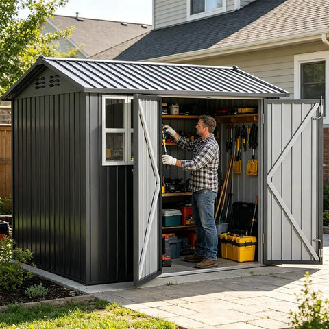 Man organizing tools in Heavy Duty Metal Storage Shed With Window, Lockable Garden Toolhouse, Ventilated And Weather Resistant Backyard Utility Workshop For Outdoor Storage, Light Gray 8X6Ft.
