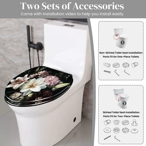 Toilet Seat Elongated Resin for Bathroom on a toilet, featuring floral design and two installation accessory options.