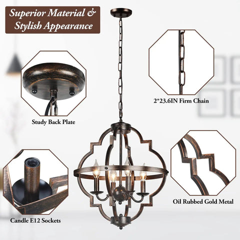 4 Light Farmhouse Candle Chandelier With Cozy Rustic Industrial Oil Rubbed Gold Orb Open Cage Ceiling Hanging Lamp For Bedroom Dining Room Entry Hallway Living Room And Kitchen Retro Flush Mount Pendant Lighting For That Cozy Vibe