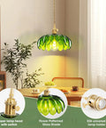 Super Easy Install Green Glass Plug In Pendant Light showcasing flower patterned glass shade and copper lamp head for modern decor.
